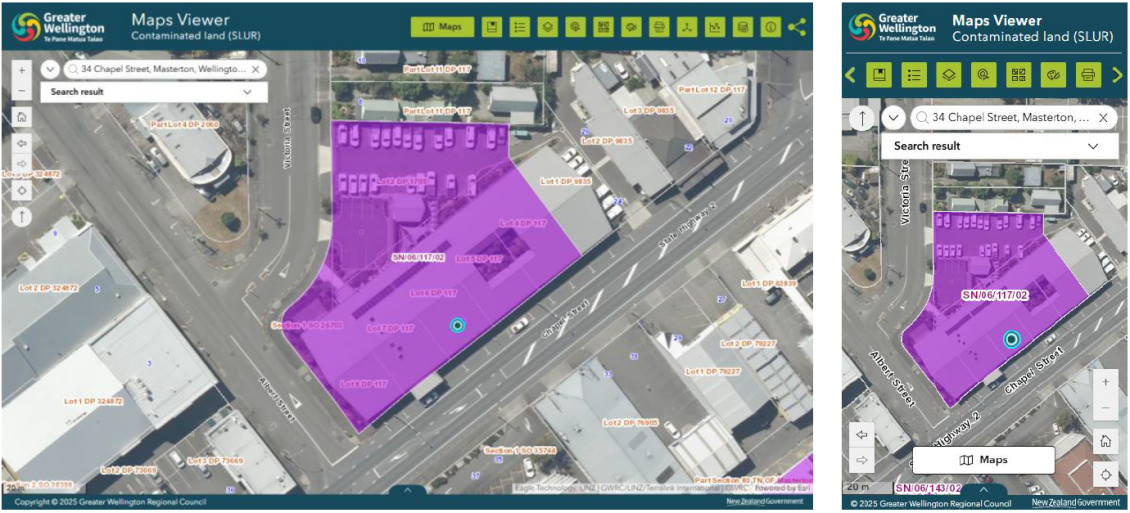Desktop and mobile views 34 Chapel St in the SLUR map viewer; an aerial view of the property, overlaid by a transparent purple polygon