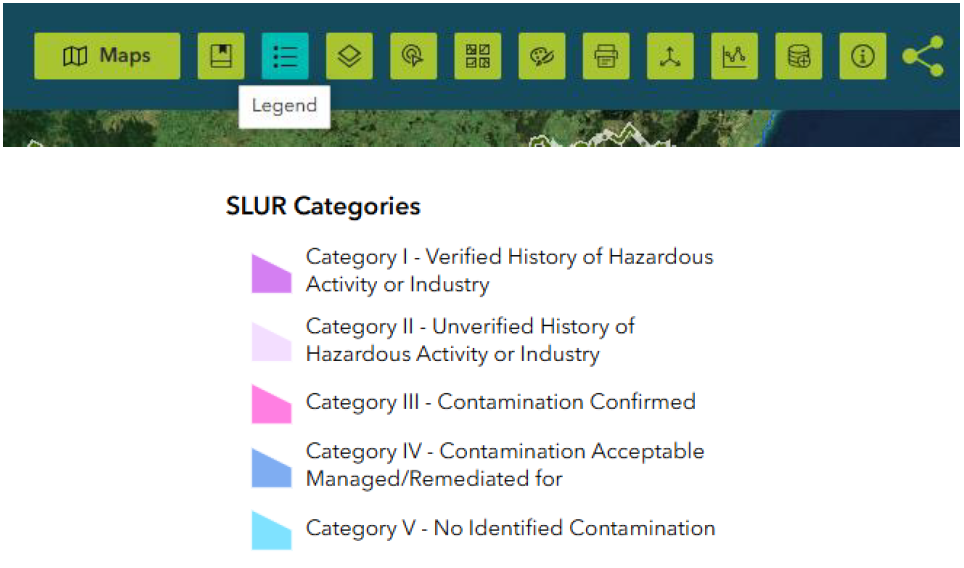 The SLUR map viewer tool bar, indicating the "legend" option, and the legend indicating the colours for the five SLUR categories