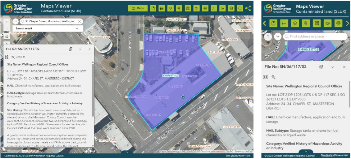 Desktop and mobile views 34 Chapel St in the SLUR map viewer; an aerial view of the property, overlaid by a transparent purple polygon, and a text popup with more information about the property