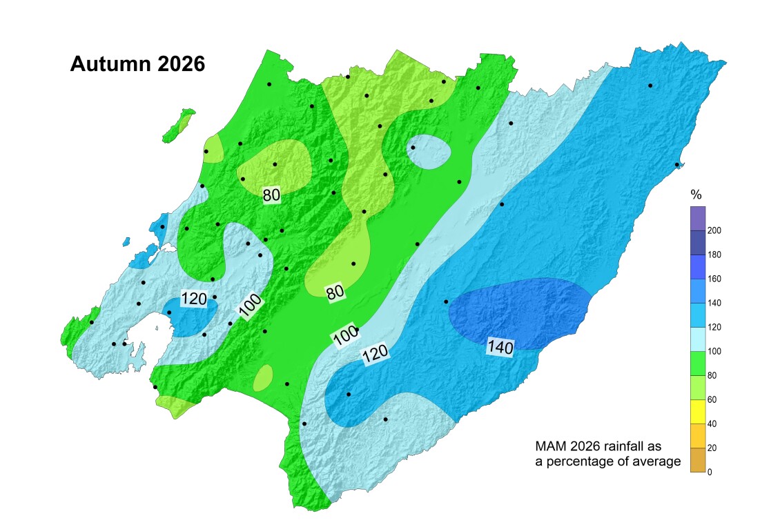 Heatmap showing rainfall as a percentage of the average in the Wellington Region in Autumn 2026; rainfall is highest around Wellington City and Lower Hutt, and eastern Wairarapa
