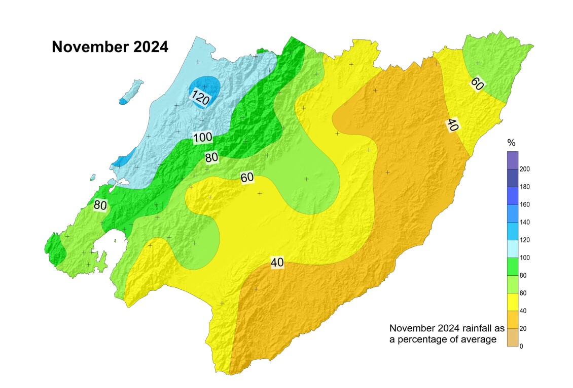 Colour coded map showing amount of rainfall in the region over winter 2024, with lower than average rainfall in the Wairarapa