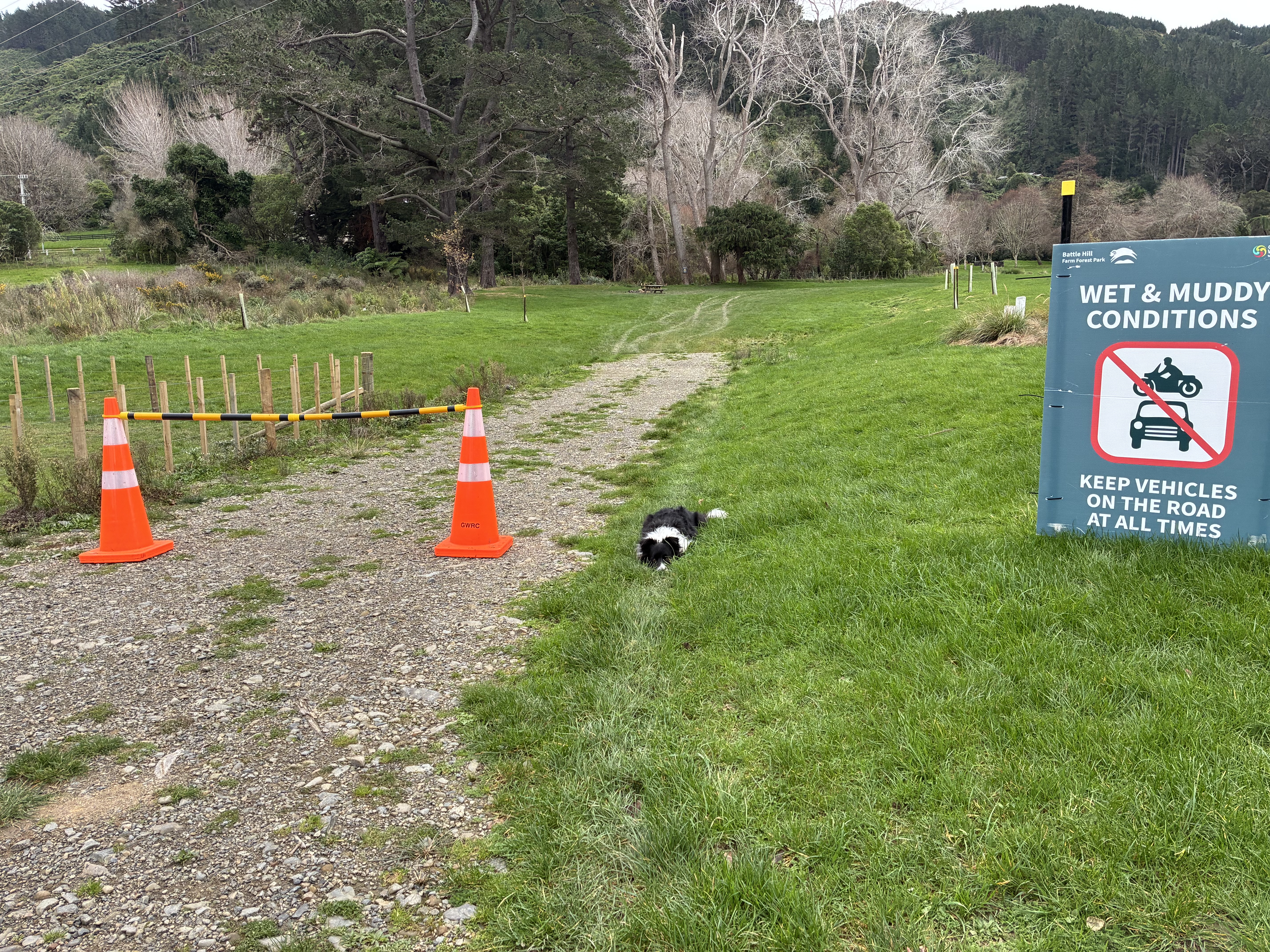 A road in Battle Hill Farm Forest Park blocked off by road cones, next to a large sign warning of wet and muddy conditions and that vehicles must keep to the road at all times