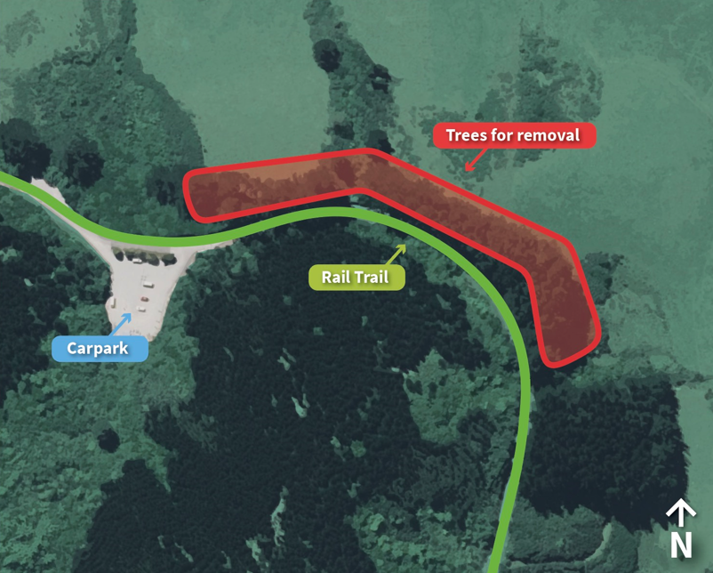 Map showing the area along the Remutaka Rail Trail where trees will be removed during the February 2026 operation