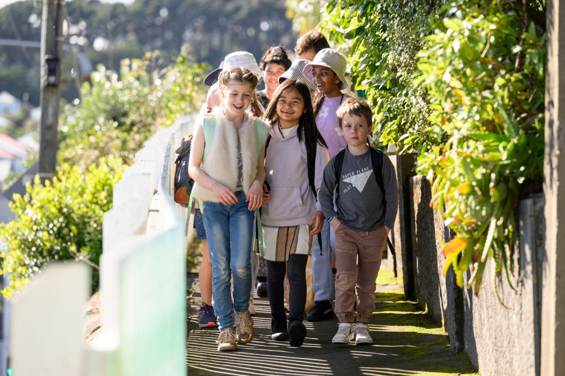 A group of children in a walking school bus