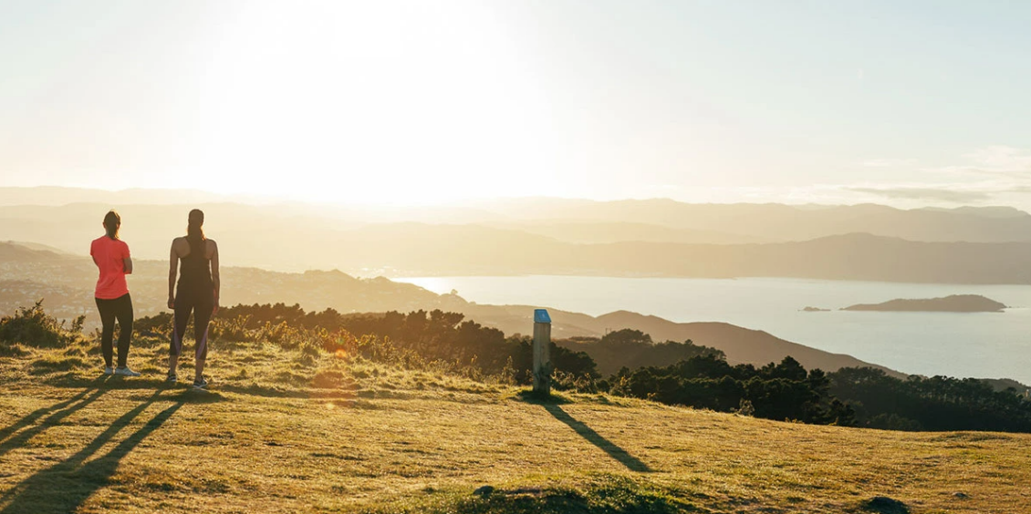 Two people stand silhouetted at the brow of a hill, looking towards the sun on the horizon
